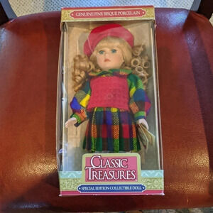 Vtg Porcelain Doll Classic Bisque Red Plaid Preppy Tartan New Pretty Face